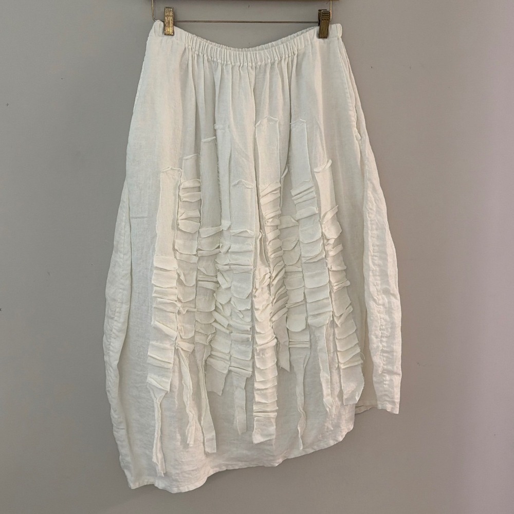 Krista Larson White 100% Linen Ruffle Textured Lagenlook Skirt OSFM USA Made